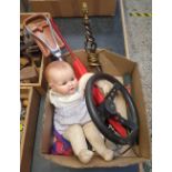 CARTON WITH DOLL, SHOOTING STICK, UMBRELLA, STEERING WHEEL & OTHER BRIC-A-BRAC