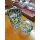 A GREEN GLASS VASE & GLASS BASKET