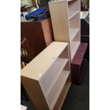 2 LIGHT WOOD MODERN 2 SHELVED BOOKCASES & 1 DARK COLOURED SHELVING FILING UNIT