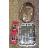 2 STAINLESS PLATED TRAYS & 2 CRYSTAL CANDLE HOLDERS