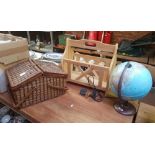 CANE PICNIC BASKET WITH CONTENTS & A BEECH WOOD MAGAZINE RACK & AN ILLUMINATED WORLD GLOBE ON STAND