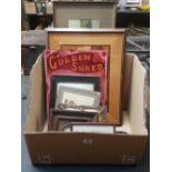 CARTON WITH F/G PICTURES INCL: A SILHOUETTE, MODERN GOLDEN SHRED SIGN, MARQUETRY PICTURE OF