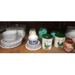 2 SHELVES OF MIXED CHINAWARE WITH JUGS,BOWLS, JARDINIERE'S, WOODEN CAT & 2 COFFEE & SUGAR