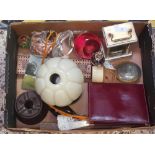 CARTON OF BRIC-A-BRAC INCL; GLASS PAPER WEIGHTS, FANS & BAKELITE INK WELL