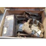 A WOODEN TOOL BOX CONTAINING VINTAGE FILES, BOX SPANNERS & OTHER VINTAGE TOOLS & FITTINGS