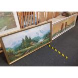 GILT FRAMED OIL PAINTING OF A MOUNTAIN SCENE & A PANORAMIC FRAMED PAINTING OF TALL SHIPS GEORGE