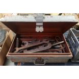 STEEL TOOL BOX WITH QTY OF VINTAGE TOOLS INCL: WHITWORTH WRENCHES