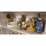 SHELF OF GLASS, POTTERY ITEMS & CHINAWARE