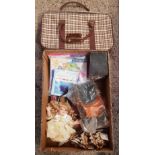 CARTON WITH A DOLL, LILO'S, TRAVEL KETTLE, KNEE PADS, MODEL SHIP & PATTERNED TRAVEL BAG