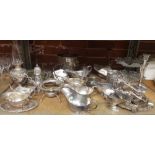 SHELF WITH QTY OF PLATED WARE INCL: ICE BUCKETS, 3 BRANCH CANDELABRA, SAUCE BOATS & TRAYS