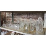 SHELF OF MIXED GLASSWARE INCL: DECANTER, WHISKY, WINE & BRANDY GLASSES & GLASS TABLE BELLS