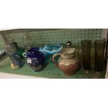 SHELF OF GLASS, CHINA ITEMS & POTTERY