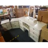 WHITE DRESSING TABLE, A MATCHING CHEST OF BEDSIDE DRAWERS & STOOL