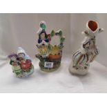 3 STAFFORDSHIRE FIGURES, 1 SPILL VASE STYLE OF A WOMEN & BIRD, 2 YOUNG CHILDREN & 1 OTHER