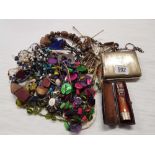 BAG OF MIXED COSTUME JEWELLERY INCL: A WHITE METAL PURSE