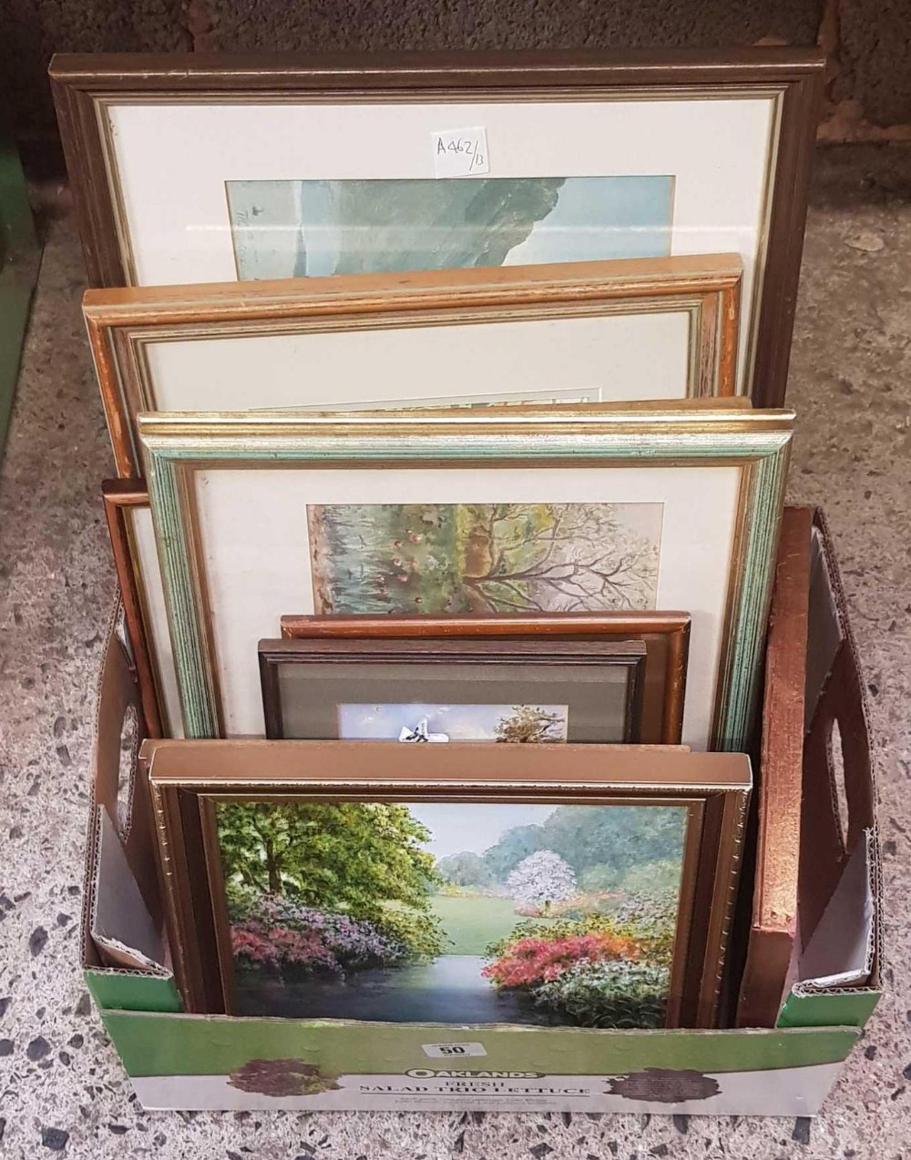 CARTON OF ASSORTED WATERCOLOURS & OIL PICTURES ETC (8)