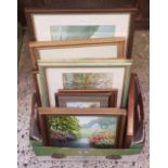 CARTON OF ASSORTED WATERCOLOURS & OIL PICTURES ETC (8)