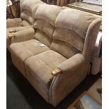 BEIGE WOOD ARMED 2 SEATER SETTEE & MATCHING ARMCHAIR