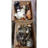 2 CARTONS OF MIXED BRIC-A-BRAC INCL: TEA POTS, VASES, 2 WOODEN DUCKS, A BRONZE RESIN DUCK & OTHER