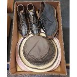 CARTON WITH VARIOUS SUN HATS, PATENT TAP DANCE TXT, PAIR OF LEATHER CLOGS & 1 OTHER