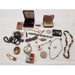 CARTON WITH MISC JEWELLERY, BROOCHES, BRACELET, COINS, POCKET WATCH A./F & OTHER JEWELLERY