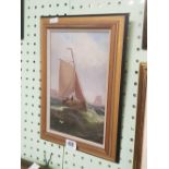 19TH CENTURY OIL PAINTING OF A SAILING VESSEL IN CHOPPY WATERS. INDISTINCTLY SIGNED