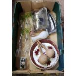 CARTON WITH SOUVENIR SHERRY GLASSES, PAIR OF CUBAN MARACA'S & OTHER ODD PLATES