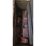 BLACK PAINTED METAL TOOL BOX WITH 2 WOOD BLOCK PLANES & OTHER TOOLS