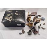 BLACK LACQUER TRINKET BOX CONTAINING VINTAGE OPERA GLASSES, THE HAND OF FRIENDSHIP & OTHER BRIC-A-