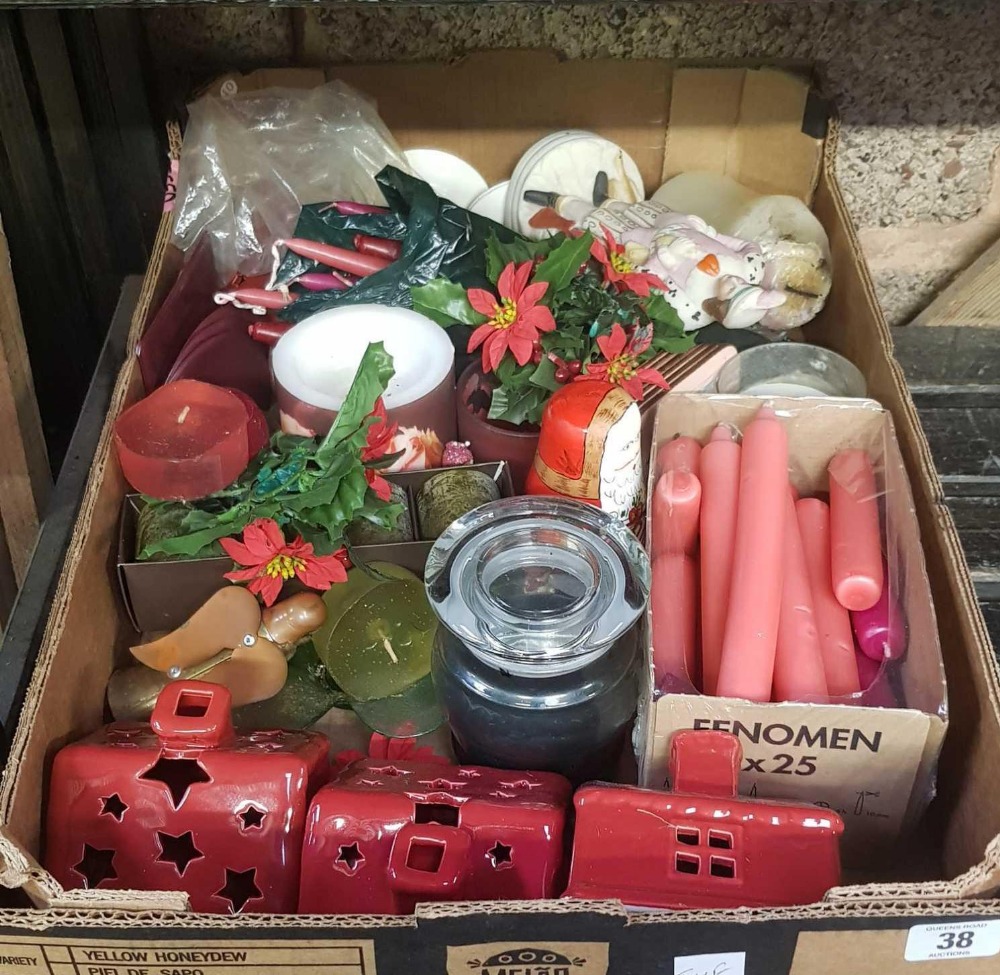 CARTON OF RED CANDLES & HOLDERS