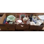 3 CARTONS OF GLASS & CHINA INCL: BLUE GLASS ROLLING PIN, LIGHT GREEN LIGHTING FIXTURE, CUPS &