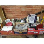 4 CARTONS OF MIXED BRIC-A-BRAC INCL: DVD'S, CD'S, CLOCKS KTC, LIGHT FITTINGS & LEAF DISHES