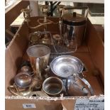CARTON WITH MIXED METAL WARE INCL: A 3 BRANCH CANDLE HOLDER, AN ICE BUCKET, MUGS & CUPS