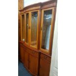 FINE QUALITY ROSS JOHN YEW WOOD SIDEBOARD & DISPLAY CABINET WITH SERPENTINE FRONT, BRASS HANDLES,