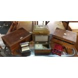 MAHOGANY WRITING SLOPES, TEA CADDY, PLAYING CARD BOX ETC