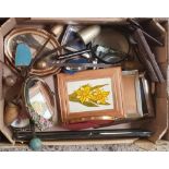 CARTON WITH SMALL F/G PICTURES & ART DECO ROUND MIRROR & OTHER BRIC-A BRAC
