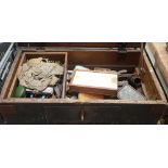 A WOOD AIR MINISTRY DATED BOX 1941 CONTAINING MISC ENGINEERS TOOLS INCL: CALIPERS, GAUGES, DRILLS,