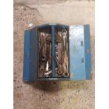 BLUE METAL TOOL BOX WITH LIFT OUT TRAY WITH VARIOUS ENGINEERS TOOLS