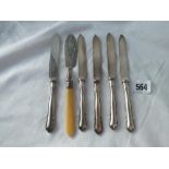 A butter knife with bone handle. B'ham 1893 and five tea knives