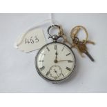 A gents silver pocket watch & key with seconds dial