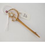 An opal and seed pearl brooch in the form of a hilted sword in 15 ct gold (Minute chip to stone) -