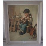 R. Barti - "Boy playing with mondoline" - 19.5" x 15.5" - Signed