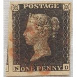 Penny black - plate 4 LET. N-D. Red MX. Three large margins - one close