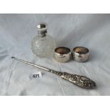 A silver mounted salts bottle with stopper cut glass body, 3.75" high. B'ham 1906. And a mounted