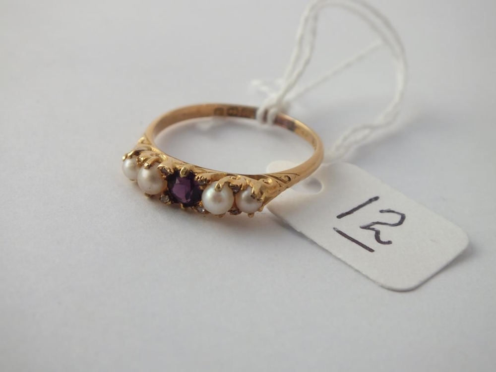 A five stone pearl and garnet ring in 18 ct gold - Size R - 2.8gms. - Image 2 of 2