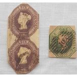 1847-54 embossed 1/- plus sixpenny pair cut to shape (3)