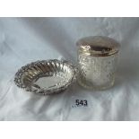 A sweet dish with embossed sides. Chester 1894 and a silver top jar