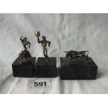 Three miniature models of a bull and a pair of dancing figures on marble bases, 2" high Unmarked