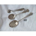 A Victorian preserve spoon. London 1896. A drake souvenir spoon 1904 and a pair of tongs.