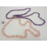 2 GOOD AMETHYST AND ROSE QUARTZ COLOUR GLASS BEAD NECKLACE